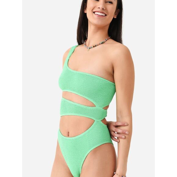 Bond Eye Rico Green One Shoulder Cut Out One Piece Crinkle Swimsuit One Size - Picture 1 of 9